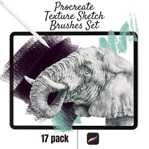 May include: A digital illustration of an elephant's head on a tablet screen. The image is used to promote a set of 17 Procreate texture sketch brushes. The text "Procreate Texture Sketch Brushes Set" is displayed above the image. The text "17 pack" is displayed below the image.