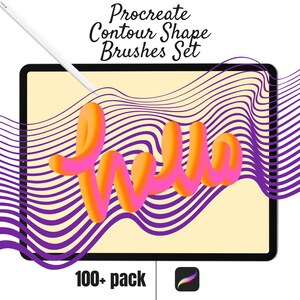Könnte beinhalten: Digitales Kunstdesign mit einem Tablet und einem Stift, dem Wort „Hallo“ in orangefarbener und pinkfarbener 3D-Schrift und einem lila-weiß gestreiften Hintergrund. Der Text „Procreate Contour Shape Brushes Set“ steht oben.