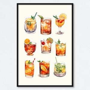 Conjunto de cócteles clásicos Póster de arte acuarela / Colección de ilustraciones de bebidas del camarero / Decoración de la pared del bar de la cocina / Impresión de mixología
