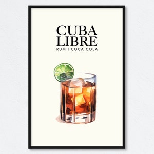 Cuba Libre Classic Cocktail Recipe Art Print | Rum, Coca Cola Bartender Drink Poster | Kitchen Bar Wall Decor | Watercolor Style Mixology