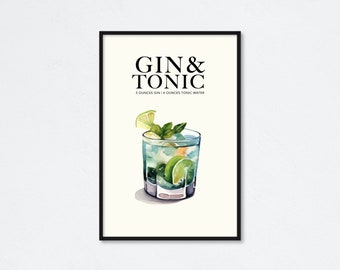 Gin Tonic Classic Cocktail Recipe Art Print | Bartender Drink Poster | Kitchen Bar Wall Decor | Watercolor Style Mixology