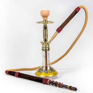 Premium Cast Brass Hookah with Velvet Hose & Decorative Black Glass Base – 45cm / 17.7&quot;