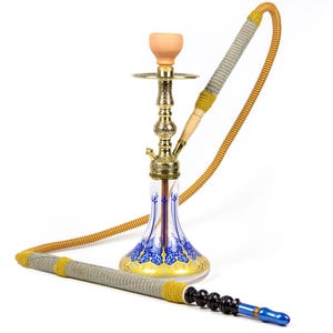 Premium Cast Brass Hookah with Velvet Hose & Decorative Blue Glass Base – 45cm / 17.7&quot;