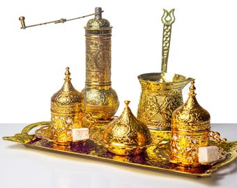 Koffieset - koper- en zinklegering - brons, goud, zilver, donkergrijs