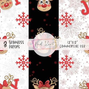 May include: Three seamless Christmas papers featuring reindeer, snowflakes, and the text "Hard Knock Designs" and "12"x12" commercial use". The papers have a white background with red and gold accents, and a black background with red accents.