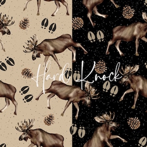 May include: A repeating pattern featuring brown moose, pine cones, and animal tracks. The design is split into two sections: one with a tan background and the other with a black background. The text "Hard Knock" is written across the image.