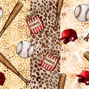 May include: A seamless pattern featuring baseball bats, baseballs, peanuts, and baseball caps on a brown and tan leopard print background.