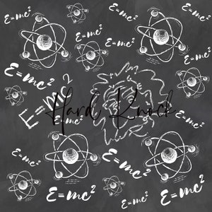 Pode incluir: Uma lousa preta e branca com um desenho do rosto de Albert Einstein e a equação E=mc² repetida por toda a imagem. O texto "Hard Knock" está escrito em itálico na lousa.