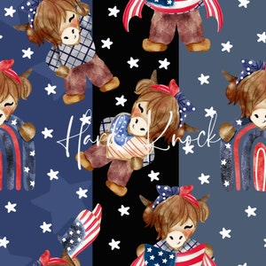 May include: A seamless pattern featuring watercolor illustrations of cartoon cows wearing red, white, and blue patriotic outfits. The cows are holding American flags and hearts. The background is a blue and black pattern of white stars.