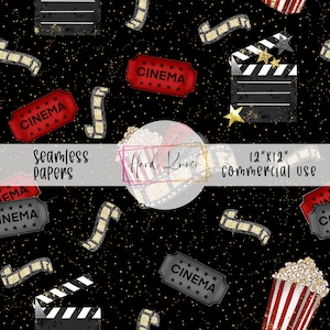 Könnte beinhalten: Ein nahtloses Muster mit schwarzem Hintergrund, goldenen Glitzer, roten und schwarzen Kinokarten, goldenen Filmrollen, Popcorn-Eimern und schwarzen und weißen Filmklappen. Der Text "CINEMA" erscheint auf den Tickets. Der Text "Hard Knock" und "12"x"12" kommerzielle Nutzung" erscheint auf dem Muster.