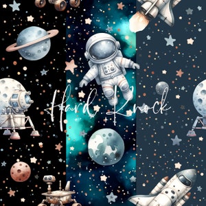 May include: A seamless pattern featuring a variety of space-themed illustrations, including astronauts, planets, rockets, and stars. The pattern is set against a dark blue background with a teal and blue nebula effect.