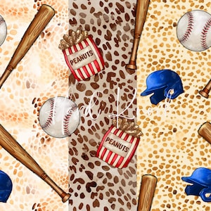 May include: Baseball-themed pattern featuring baseball bats, baseballs, blue helmets, and bags of peanuts. The background has a leopard print design and a speckled pattern in shades of brown and tan. The baseballs have red stitching.