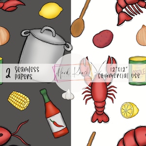 Puede incluir: Dos patrones de papel digital sin costuras que presentan un cangrejo rojo, una olla, maíz en la mazorca, limones, cebollas, ajo, salsa picante, una cuchara de madera y una lata de condimento criollo. El texto "Hard Knock Designs" y "12"x12" Commercial Use" está incluido en el diseño.