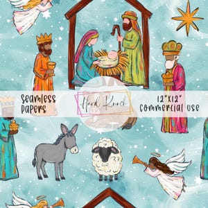 May include: A repeating pattern depicting a nativity scene with angels, the three wise men, and animals on a light blue backdrop. The text "seamless papers", "Hard Knock", and "12"x12" commercial use" are also visible.