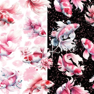 Peut inclure: Un motif sans couture représentant des poissons rouges koi roses et blancs avec des accents floraux sur un fond blanc et un fond noir avec des mouchetures blanches.