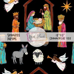 May include: A seamless paper design depicting a nativity scene with angels, the three wise men, a donkey, and a sheep, set against a black backdrop. The text "Hard Knock" and "12"x12" commercial use" are also included.