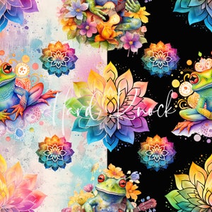 May include: A seamless pattern featuring colourful frogs, mandalas, and flowers on a white and black background. The frogs are green with red eyes and are playing musical instruments. The mandalas are colourful and intricate. The flowers are pink, yellow, and blue.