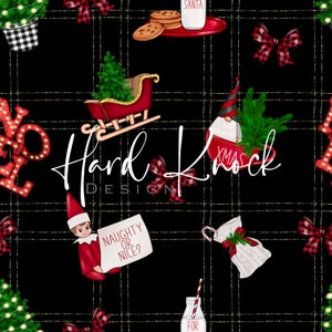 May include: Christmas-themed digital pattern with a black background and gold glitter grid. The design includes Santa's milk and cookies, a sleigh, bows, an elf holding a sign that says "Naughty or Nice?", and other festive elements.