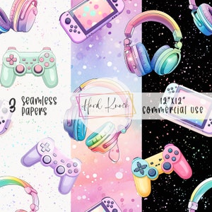 May include: Three seamless digital paper patterns featuring a colorful watercolor background with gamer-themed illustrations of headphones, game controllers, and a Nintendo Switch. The text "3 seamless papers" is included in the image. The text "Hard Knock Design" is included in the image. The text "12" x 12" Commercial Use" is included in the image.