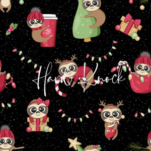May include: A repeating pattern on a black background featuring cartoon sloths in festive attire. The sloths are wearing hats, scarves, and holding holiday items like coffee cups and candy canes. The text "Hard Knock" is written in white script.