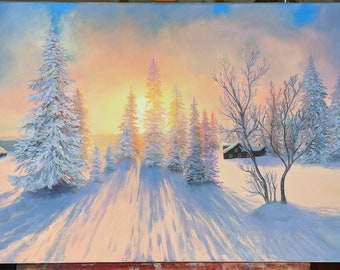 Winter landscape, oil painting, oil, stretcher frame 50 x 80 cm, sun, snow, winter landscape, oil painting, oil, canvas 50 x 80 cm, sun, snow