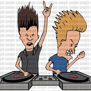 May include: Two cartoon characters, one with brown hair and one with blonde hair, are standing behind a DJ setup with two turntables. The character with brown hair is wearing a black shirt and the character with blonde hair is wearing a blue shirt. Both characters are making the rock and roll hand gesture.