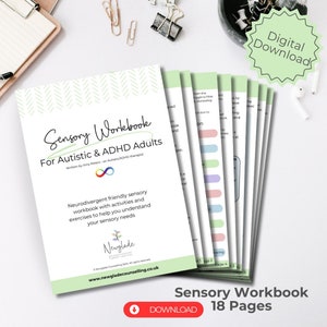 May include: A digital download for a sensory workbook for autistic and ADHD adults. The workbook is 18 pages long and features a green and white cover with a title and an infinity symbol.