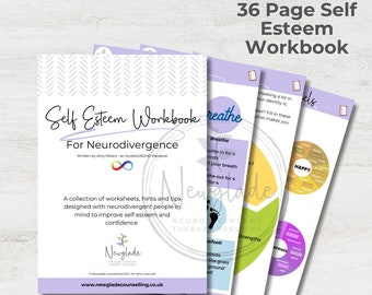 May include: A purple and white cover for a 36-page self-esteem workbook for neurodivergent people. The cover features the title "Self Esteem Workbook for Neurodivergence" and a symbol of an infinity sign. The workbook is written by Amy Peters, an Autistic/ADHD therapist.