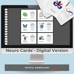 Peut inclure: Un écran d'ordinateur affichant une version numérique des Neuro Cards, présentant une grille de six cartes éducatives avec des illustrations et du texte sur la neurodivergence, ainsi qu'un paquet de cartes physiques étiquetées Masking et Neuro Cards.