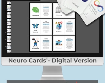 May include: A computer monitor displaying a digital version of Neuro Cards, featuring a grid of six educational cards with illustrations and text about neurodivergence, alongside a stack of physical cards labeled Masking and Neuro Cards.