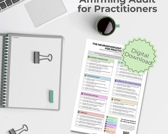Puede incluir: Un botón de descarga digital verde y blanco con el texto "Descarga digital" sobre un fondo blanco. El texto "Neurodivergent Affirming Audit for Practitioners" está en la parte superior de la página. La página también incluye una lista de verificación con el texto "The Neurodivergent for Practitioners" y el texto "Based on the Diverse Model of ND affirming practice".