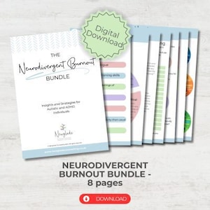 May include: A digital download bundle titled "The Neurodivergent Burnout Bundle" with 8 pages of insights and strategies for autistic and ADHD individuals. The cover page features a light blue background with a white geometric pattern and the title in black text. The bundle is available for download.