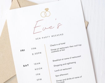 Hen party itinerary cards, personalised hen do invites, luxury hen party ideas, bachelorette stationary, weekend away itinerary