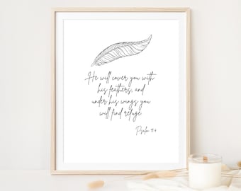 Psalm 91:4, He Will Cover You With His Feathers, Christian Wall Art, Bible Verse Art Printable, Printable Bible Verse Art, Instant Download