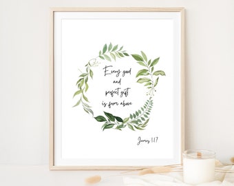 Jakob 1:17, Varje god och fullkomlig gåva kommer från ovan, Bibelversväggkonst, Digital nedladdning, Botanisk kristen väggkonst, Skriftkonst