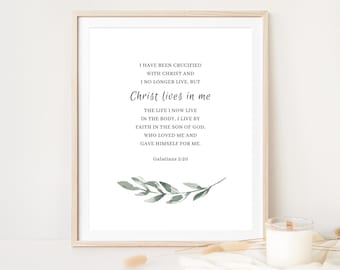 Gálatas 2:20, Cristo vive en mí, Bible Verse Print, Christian Wall Art, Botanical Scripture Print, Descarga digital, Hijo de Dios