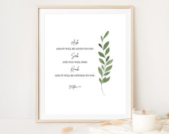 Matthäus 7:7, Ask Seek Bibelvers druckbare Wandkunst, Schrift Digitaldruck Poster, christliches Wanddekor, Glaube Geschenk, Taufgeschenk
