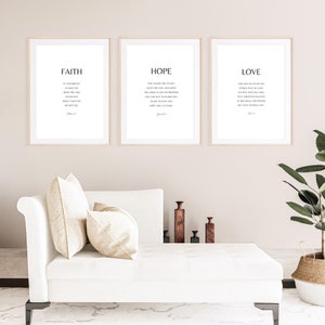 Faith Hope Love, Set of 3, Bible Verse Prints, Hebrews 11 1, Jeremiah 29 11, John 3 16, Minimalist Christian Wall Decor, Instant Download