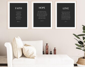 Faith Hope Love, Bible Verse Wall Art, Hebrews 11 1, Jeremiah 29 11, John 3 16, Set of 3, Digital Download, Scripture Wall Decor, Minimalist