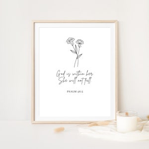 Psalm 46:5, God is Within Her She Will Not Fall, Christian Wall Art, Bible Verse Print, Minimal Christian Art, Scripture Print for Women