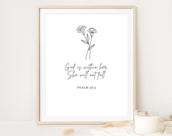 Psalm 46:5, God is Within Her She Will Not Fall, Christian Wall Art, Bible Verse Print, Minimal Christian Art, Scripture Print for Women