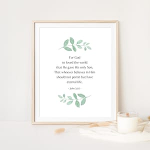 John 3:16, For God So Loved the World That He Gave His One and Only Son, Bible Verse Wall Art Print, Jesus Christ Scripture, Baptism Gift