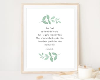 Juan 3:16, Porque Dios amó tanto al mundo que dio a su hijo único, Bible Verse Wall Art Print, Jesucristo Scripture, Baptism Gift