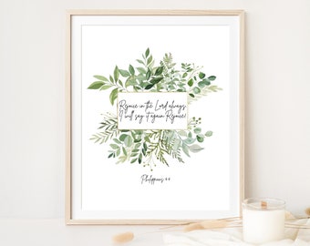 Philippians 4:4, Rejoice in the Lord, Bible Verse Wall Art, Botanical Scripture, Modern Christian Wall Art, Baptism Gift, Bible Verse Print