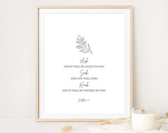 Matthäus 7:7, Ask Seek Bibelvers druckbare Wandkunst, Schrift Digitaldruck Poster, christliches Wanddekor, Glaube Geschenk, Taufgeschenk