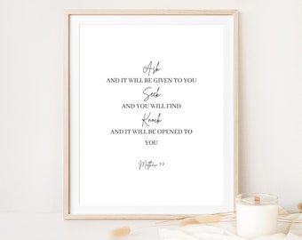 Matthäus 7:7, Ask Seek Bibelvers druckbare Wandkunst, Schrift Digitaldruck Poster, christliches Wanddekor, Glaube Geschenk, Taufgeschenk
