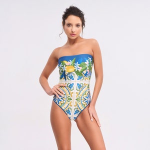 Strapless Printed Swimsuit, Resortwear, Vacationwear, Beachwear, Beach accessory, One piece swimsuit, Swimwear image 3
