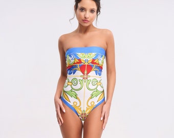 One piece Swimsuits monokini for women Majolica print Italian design swimwear Resort wear Beach Bathing suit