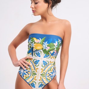 Strapless Printed Swimsuit, Resortwear, Vacationwear, Beachwear, Beach accessory, One piece swimsuit, Swimwear image 4