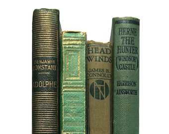 Set decorativo di 4 libri vintage anni '900, rilegatura in tessuto, toni verdi
